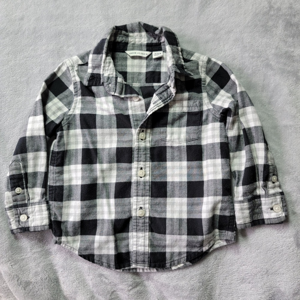 Janie‎ and Jack Boys Black White Buffalo Plaid Flannel Button Down Shirt 12-18M